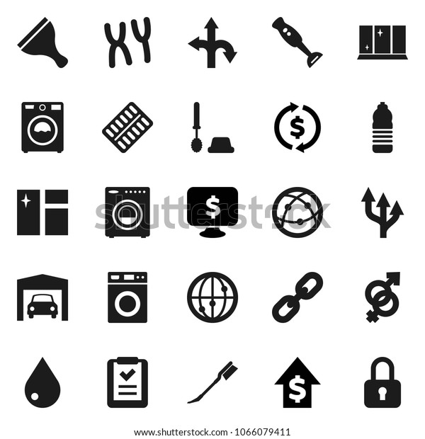 Flat vector icon set - scraper vector, water drop,\
car fetlock, window cleaning, toilet brush, washer, shining,\
blender, exchange, dollar growth, monitor, bottle, route, internet,\
gender sign, chain