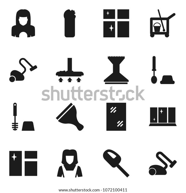 Flat vector icon set - scraper vector, cleaner\
trolley, vacuum, car fetlock, window cleaning, toilet brush, agent,\
shining, woman