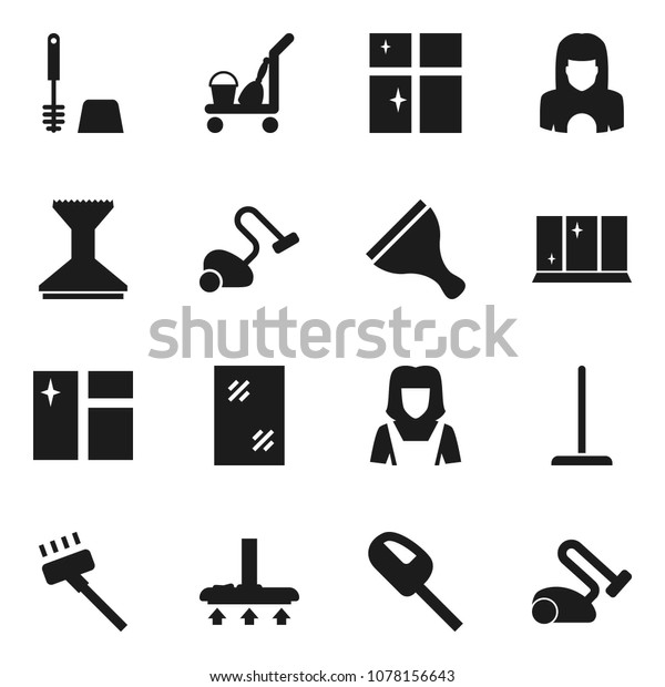 Flat vector icon set - scraper vector, cleaner\
trolley, vacuum, mop, car fetlock, window cleaning, toilet brush,\
shining, woman