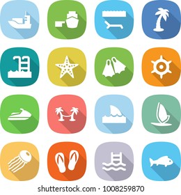flat vector icon set - sea shipping vector, port, lounger, palm, pool, starfish, flippers, handwheel, jet ski, hammock, shark flipper, windsurfing, jellyfish, flip flops, fish