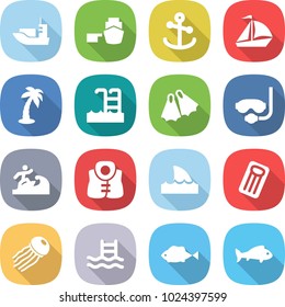 flat vector icon set - sea shipping vector, port, anchor, sail boat, palm, pool, flippers, diving mask, surfer, life vest, shark flipper, inflatable mattress, jellyfish, fish