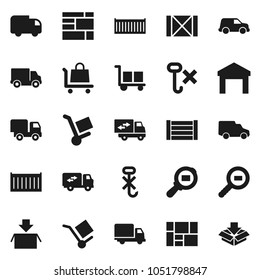 Flat vector icon set - sea container vector, delivery, car, wood box, consolidated cargo, no hook, warehouse, search, relocation truck, trolley, package