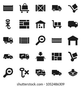 Flat vector icon set - sea container vector, delivery, car, wood box, consolidated cargo, no hook, warehouse, search, relocation truck, trolley, package