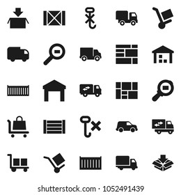 Flat vector icon set - sea container vector, delivery, car, wood box, consolidated cargo, no hook, warehouse, search, relocation truck, trolley, package