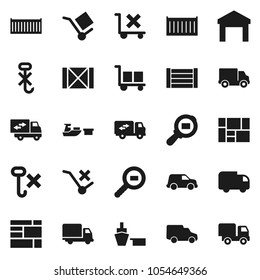 Flat vector icon set - sea container vector, delivery, car, port, wood box, consolidated cargo, no trolley, hook, warehouse, search, relocation truck