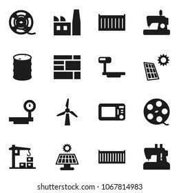 Flat vector icon set - sea container vector, consolidated cargo, oil barrel, big scales, film spool, solar panel, windmill, construction crane, factory, microwave oven, sewing machine