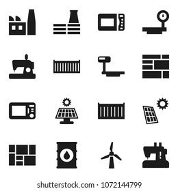 Flat vector icon set - sea container vector, consolidated cargo, oil barrel, big scales, solar panel, windmill, factory, microwave oven, sewing machine