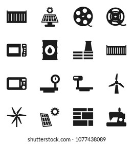 Flat vector icon set - sea container vector, consolidated cargo, oil barrel, big scales, film spool, solar panel, windmill, factory, microwave oven, sewing machine