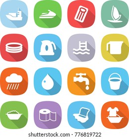 flat vector icon set - sea shipping vector, jet ski, inflatable mattress, windsurfing, pool, kettle, measuring cup, rain cloud, drop, water tap, bucket, foam basin, toilet paper, floor washing