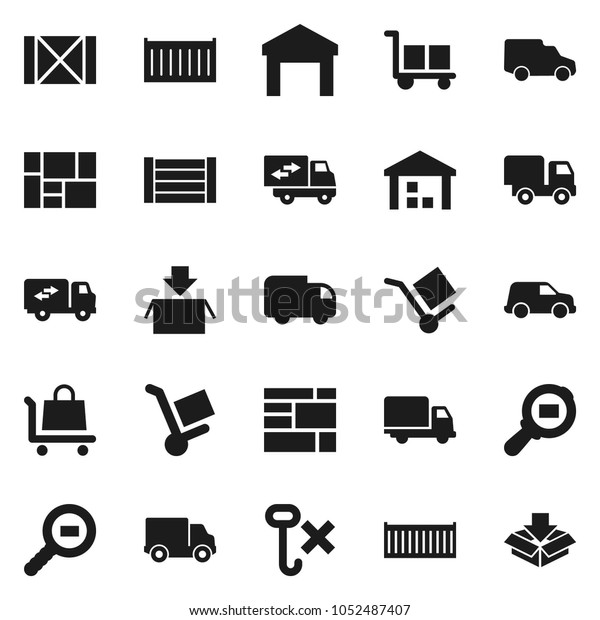 Flat vector icon set - sea container\
vector, delivery, car, wood box, consolidated cargo, no hook,\
warehouse, search, relocation truck, trolley,\
package