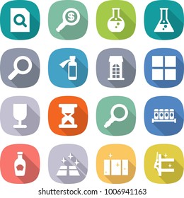 flat vector icon set - search document vector, dollar magnifier, round flask, potion bottle, building, window, fragile, sand clock, spices, ketchup, clean floor, skyscrapers cleaning