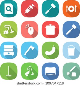flat vector icon set - search document vector, syringe, doctors hammer, cafe, vacuum cleaner, wireless mouse, pan, meat, double boiler, axe, eggplant, bucket, rake, sponge, toilet brush
