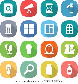 flat vector icon set - search document vector, telescope, sand clock, potion bottle, building, window, arch, broken, bulb, mirror, coffee maker, magnifier, bank, ketchup