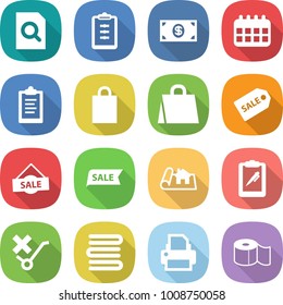 flat vector icon set - search document vector, clipboard, money, calendar, shopping bag, sale label, project, pen, do not trolley sign, towels, printer, toilet paper