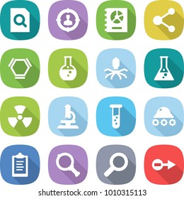 flat vector icon set - search document vector, target audience, annual report, molecule, hex, round flask, virus, nuclear, microscope, vial, lunar rover, clipboard, magnifier, electron