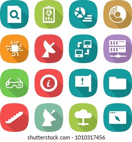 flat vector icon set - search document vector, report, diagram, circle, chip, satellite antenna, notebook connect, server, smart glasses, info, important flag, documents, stairs, cloud
