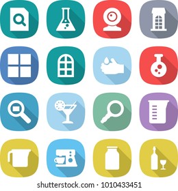 flat vector icon set - search document vector, flask, web cam, building, window, arch, acid, chemical, cargo, cocktail, magnifier, measuring cup, coffee maker, bank, wine