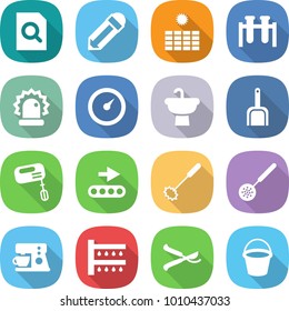 flat vector icon set - search document vector, pencil, sun power, test vial, alarm, barometer, sink, scoop, mixer, conveyor, whisk, skimmer, coffee maker, watering, pruner, bucket