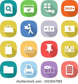 flat vector icon set - search document vector, calendar, gift, sale, shopping bag, courier, money, receipt, project, pin, documents, printer, toilet paper, clipboard list
