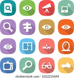 flat vector icon set - search document vector, eye, telescope, notebook wireless, magnifier, singlepost, plan, plane, mirror, tv, 3d glasses, pickup