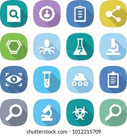 flat vector icon set - search document vector, target audience, clipboard, molecule, hex, virus, flask, microscope, eye identity, vial, lunar rover, magnifier, biohazard