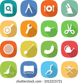 flat vector icon set - search document vector, drawing compasses, cafe, stands for knives, pan, wrench, saute, scissors, sieve, shovel, eggplant, watering can, broom, sponge, scoop, iron board