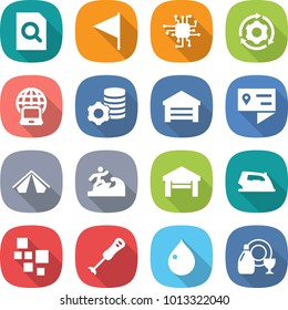 flat vector icon set - search document vector, flag, chip, around gear, notebook globe, virtual mining, garage, location details, tent, surfer, iron, blocks, blender, drop, dish cleanser