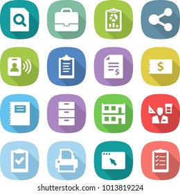 flat vector icon set - search document vector, portfolio, report, share, pass card, clipboard, account balance, receipt, copybook, archive, modular house, architector, check, printer, browser window