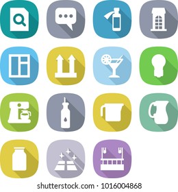 flat vector icon set - search document vector, message, potion bottle, building, window, cargo top sign, cocktail, bulb, coffee maker, vegetable oil, measuring cup, jug, bank, clean floor