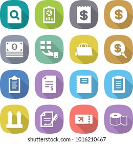 flat vector icon set - search document vector, report, receipt, dollar, money, gift, shopping bag, arrow, clipboard, account balance, copybook, cargo top sign, inventory, ticket, toilet paper