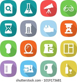 flat vector icon set - search document vector, flask, telescope, smart glasses, sand clock, building, acid, bulb, mirror, coffee maker, window, measuring cup, jug, wine