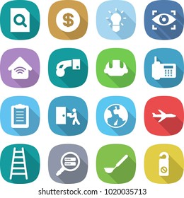 flat vector icon set - search document vector, dollar, bulb, eye identity, wireless home, hand coin, building helmet, phone, clipboard, courier delivery, earth, plane, ladder, data, ladle