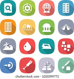 flat vector icon set - search document vector, around gear, notebook globe, pills blister, project, goverment house, tent, surfer, drop, iron, blocks, photon, blender, clean floor, toilet brush