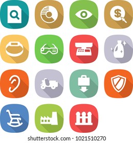 flat vector icon set - search document vector, circle diagram, eye, dollar arrow, smart bracelet, glasses, market scales, cleanser, ear, scooter shipping, baggage get, shield, rocking chair, factory