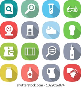 flat vector icon set - search document vector, dollar magnifier, vial, smart glasses, web cam, building, acid, bulb, coffee maker, window, data, vegetable oil, bank, ketchup, jug, wiping