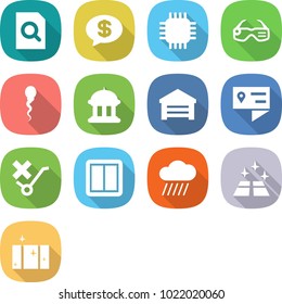 flat vector icon set - search document vector, money message, chip, smart glasses, sperm, goverment house, garage, location details, do not trolley sign, power switch, rain cloud, clean floor