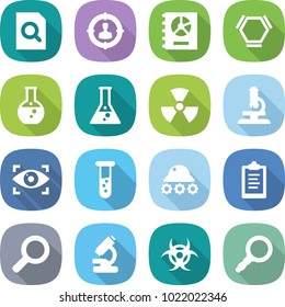 flat vector icon set - search document vector, target audience, annual report, hex molecule, round flask, nuclear, microscope, eye identity, vial, lunar rover, clipboard, magnifier, biohazard