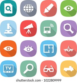 flat vector icon set - search document vector, globe, marker, eye, microscope, telescope, notebook wireless, magnifier, plan, plane, tv, 3d glasses, pickup