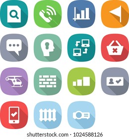 flat vector icon set - search document vector, call, graph, flag, message, bulb head, notebook connect, delete cart, ambulance helicopter, brick wall, sorting, check in, mobile checking, radiator