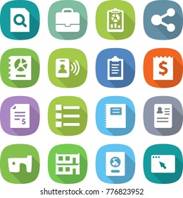 flat vector icon set - search document vector, portfolio, report, share, annual, pass card, clipboard, receipt, account balance, list, copybook, anamnesis, slum, modular house, passport
