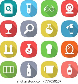 flat vector icon set - search document vector, vial, smart glasses, web cam, wineglass, magnifier, flask, potion bottle, cargo top sign, chemical, bulb, mirror, window, vegetable oil, measuring cup