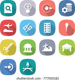 flat vector icon set - search document vector, bulb brain, cell corection, virtual mining, weather management, crutch, pills blister, sperm, surgical clamp, goverment house, surfer, garage, photon