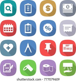 flat vector icon set - search document vector, clipboard, dollar, money, calendar, percent, atm receipt, heart cross, drawing compasses, pin, invoice, inventory, label, toilet paper, hand dryer