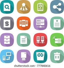 flat vector icon set - search document vector, share, report, receipt, server, recipe, archive, data transfer, usb flash, trash bin