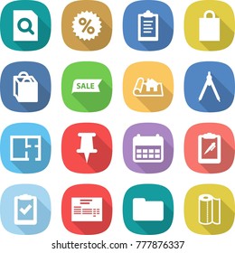 flat vector icon set - search document vector, percent, clipboard, shopping bag, sale, project, drawing compasses, plan, pin, calendar, pen, check, invoice, documents, paper towel