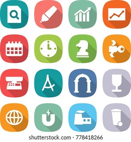 flat vector icon set - search document vector, marker, diagram, statistics, calendar, clock, chess horse, satellite, market scales, draw compass, arch, fragile, globe, magnet, factory, trash bin
