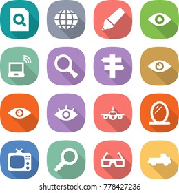 flat vector icon set - search document vector, globe, marker, eye, notebook wireless, magnifier, singlepost, plane, mirror, tv, 3d glasses, pickup