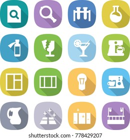 flat vector icon set - search document vector, magnifier, test vial, flask, potion bottle, broken, cocktail, coffee maker, window, bulb, jug, clean floor, skysrcapers cleaning