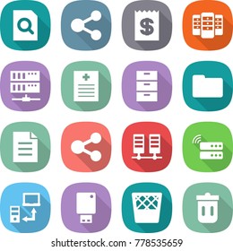 flat vector icon set - search document vector, share, receipt, server, recipe, archive, documents, data transfer, usb flash, trash bin