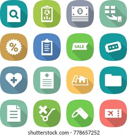 flat vector icon set - search document vector, report, money, gift, percent, clipboard, sale, ticket, heart cross, recipe, project, documents, do not trolley sign, label